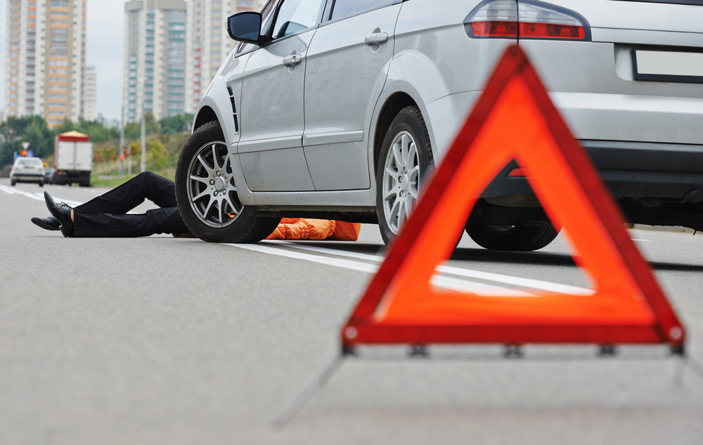 knock down pedestrian and upset driver in front of automobile crash car collision