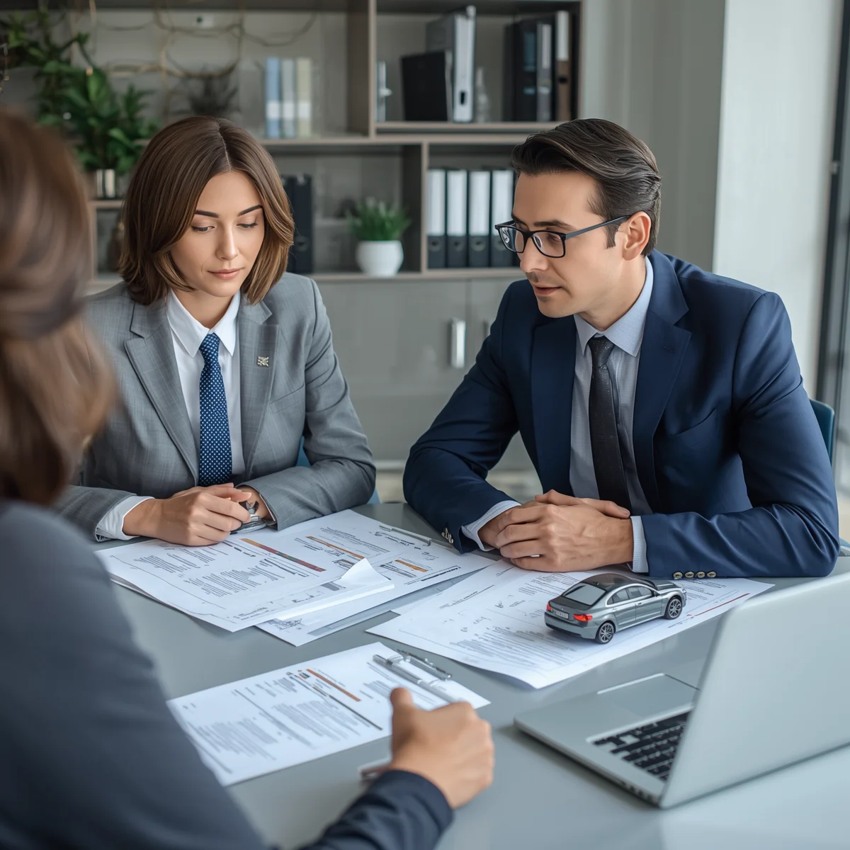 Car accident attorneys reviewing legal documents and insurance claim paperwork during a client consultation at Karasik Law Group Brooklyn