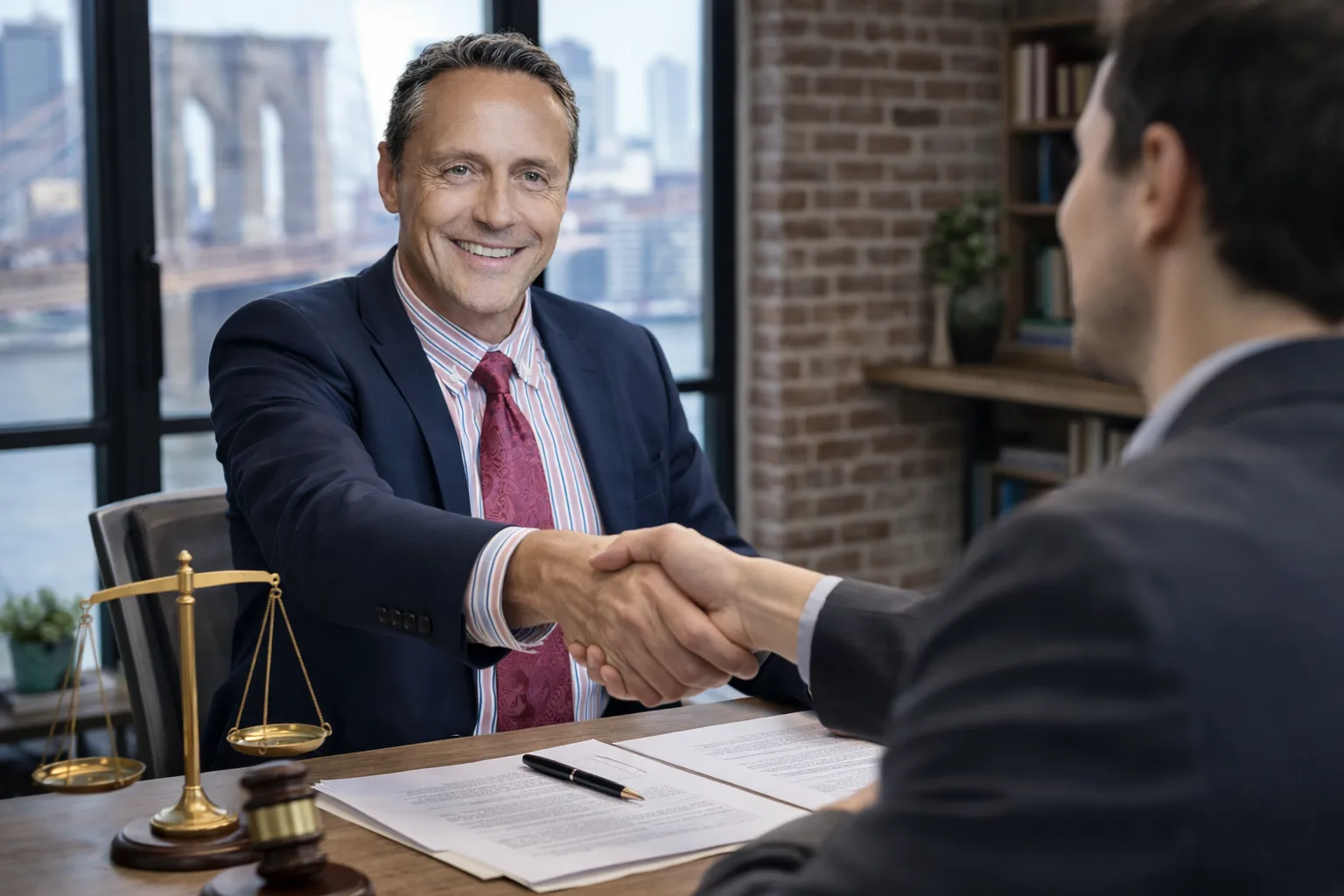 Brooklyn car accident attorney shaking hands with client during free consultation at law office
