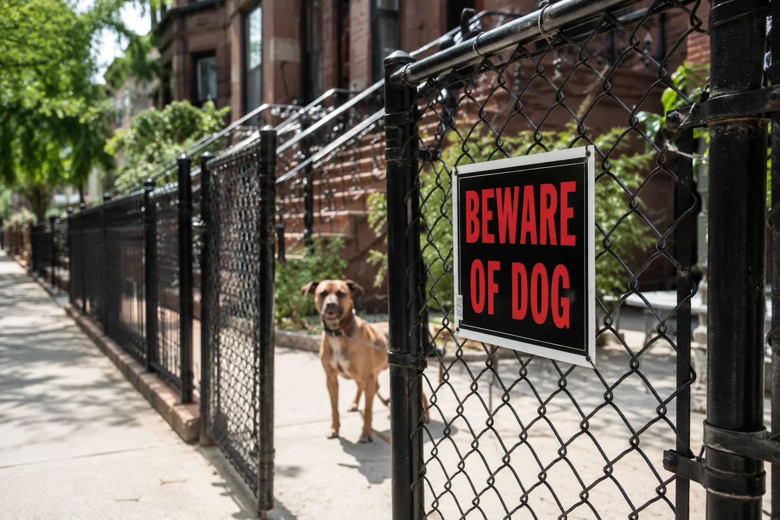 Beware of dog warning sign on a Brooklyn fence representing prior knowledge of a dog's aggressive tendencies under New York's one-bite rule