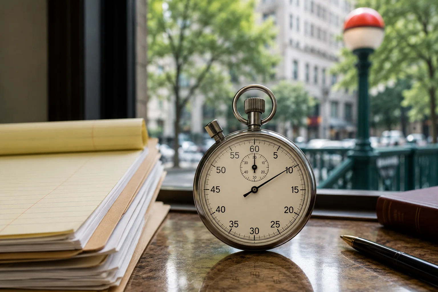 Stopwatch on a desk beside legal documents with a soft-focus NYC subway entrance globe in the background, illustrating the strict 90-day notice of claim deadline for MTA accidents