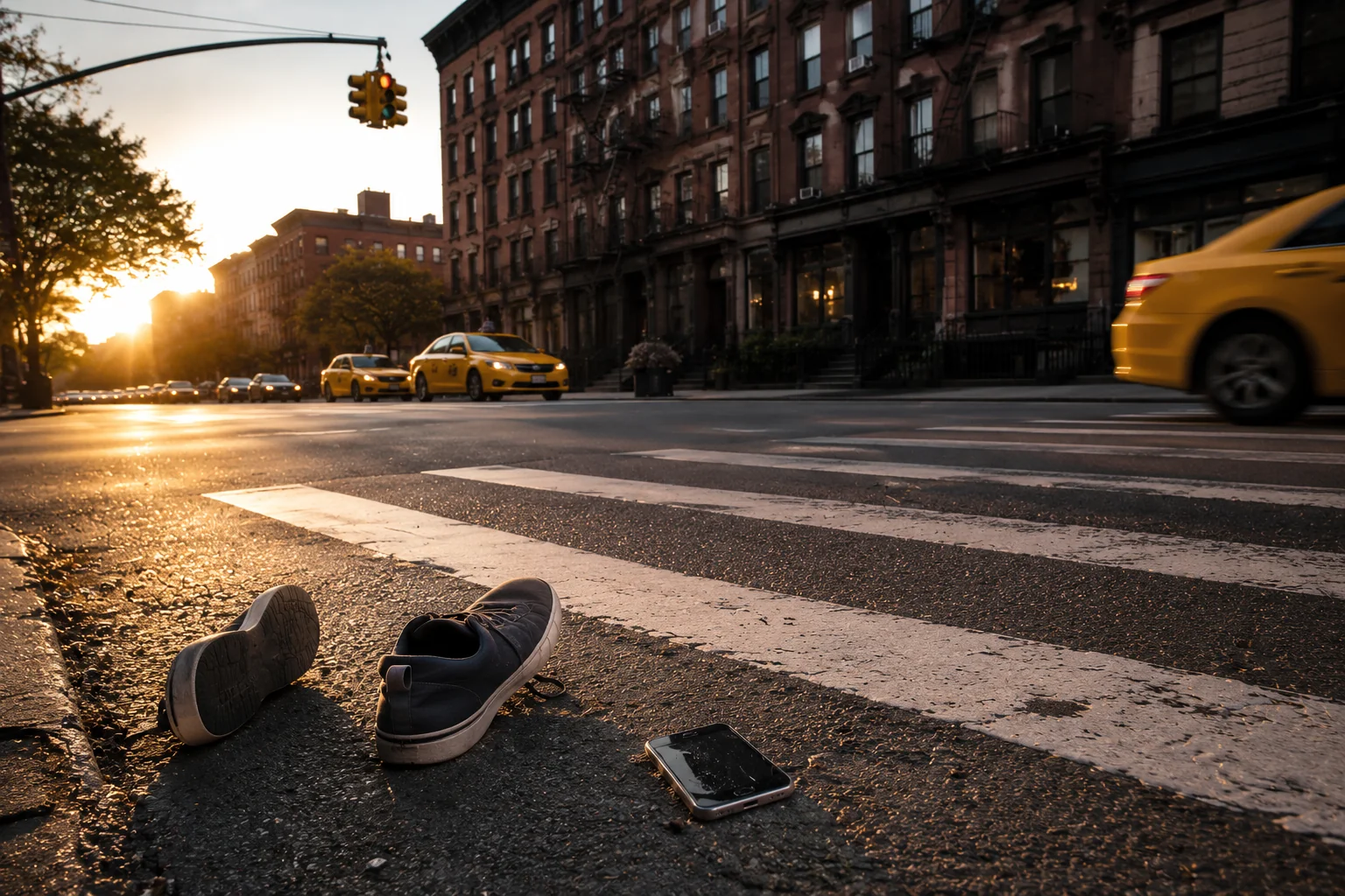 Brooklyn pedestrian crosswalk at golden hour with shoes and dropped phone left behind, illustrating evidence to preserve after a pedestrian accident in NYC