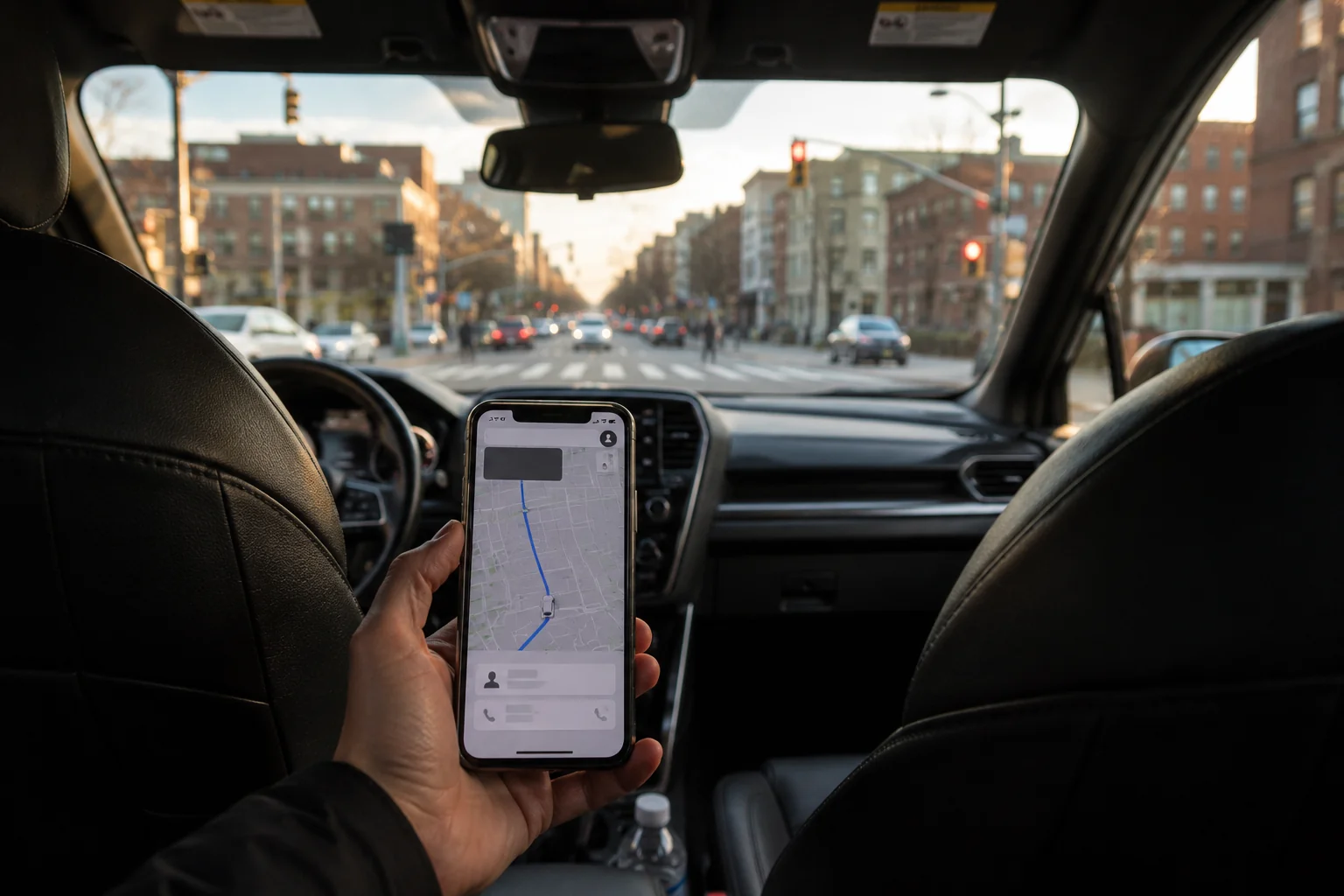 Passenger holding a smartphone inside a rideshare vehicle in NYC, illustrating the importance of capturing trip data after an Uber or Lyft accident